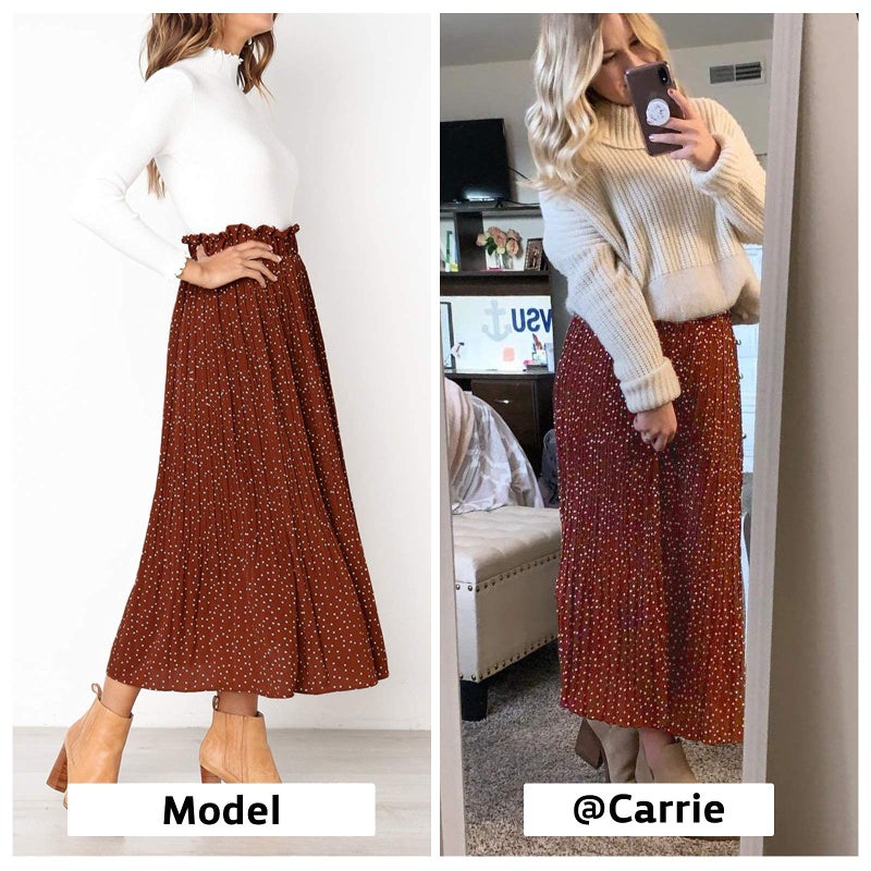 Exlura Womens High Waist Polka Dot Pleated Skirt Midi Swing Skirt with Pockets Coffee Small - Image 2